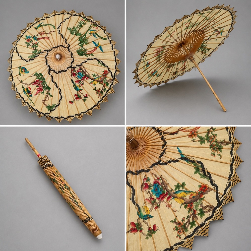 Vintage Hand Painted Bamboo Paper Parasol‎ Asian Sun Umbrella Birds Floral Cream